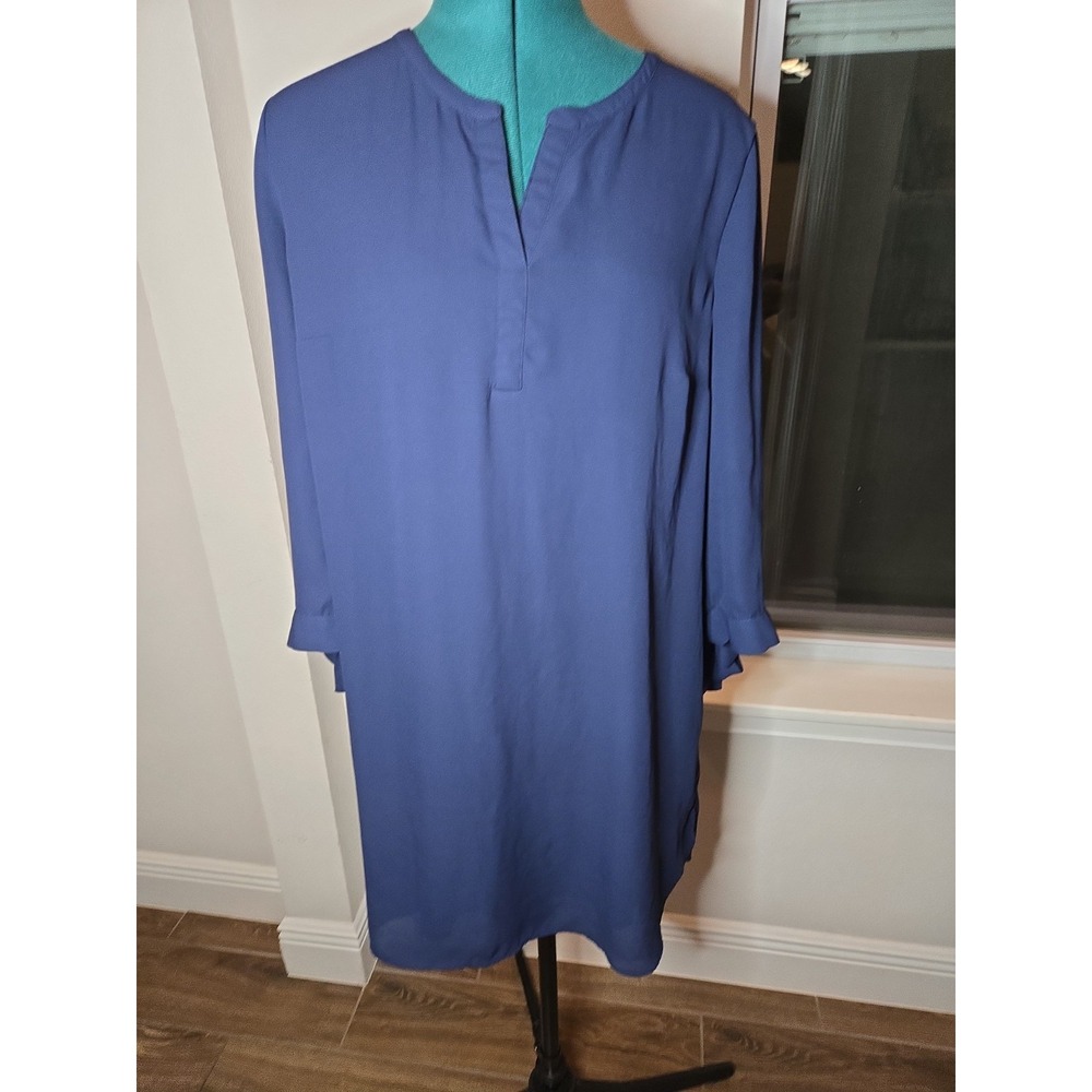 Daniel Rainn Shift Dress Womens Large Navy Blue Bow Cuff Flowy Lined Chiffon